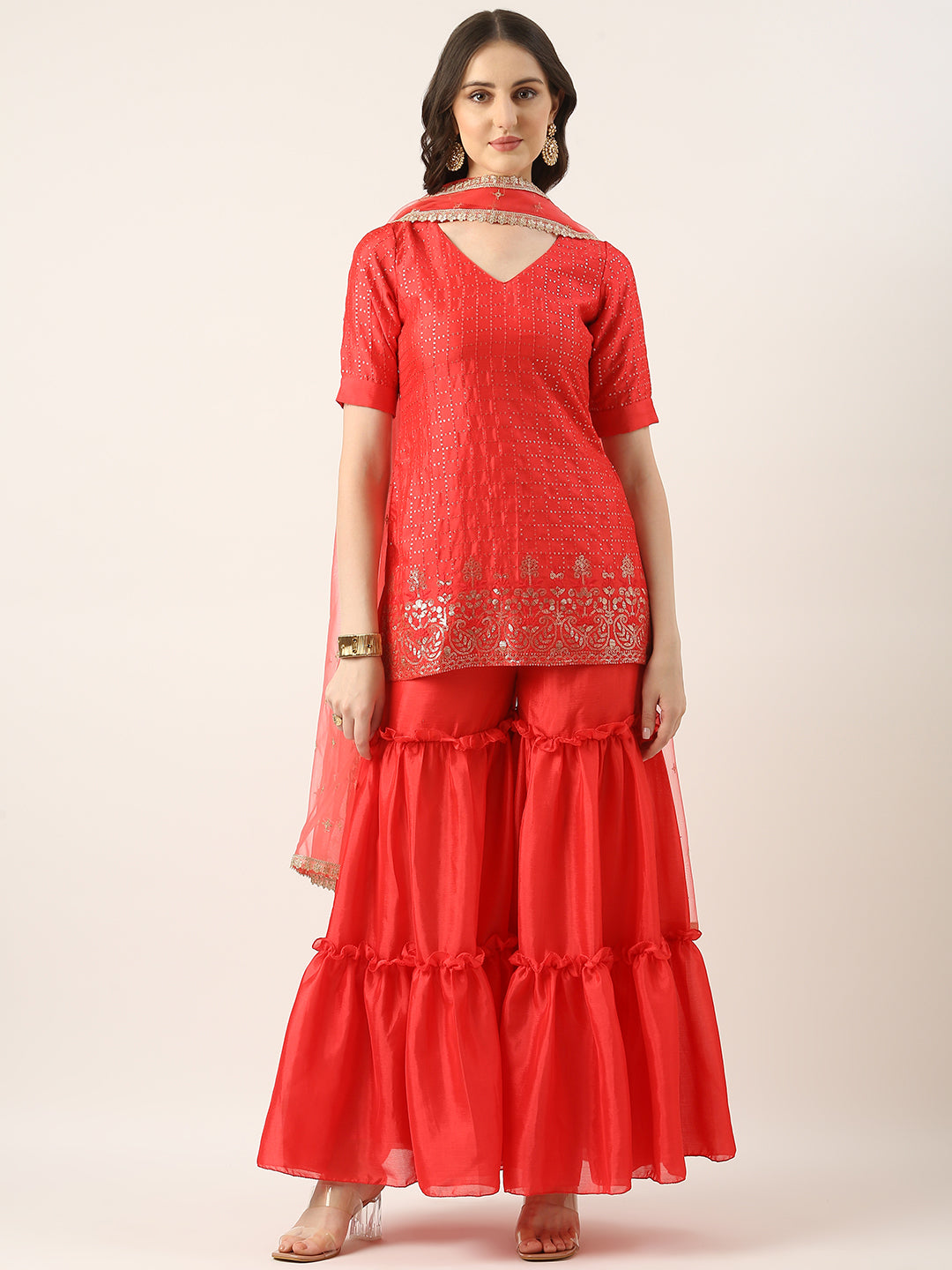 Bollywood Vogue Ready To Wear Coral Pink Chinon Embroidered Sequins Sharara Suit - Front View