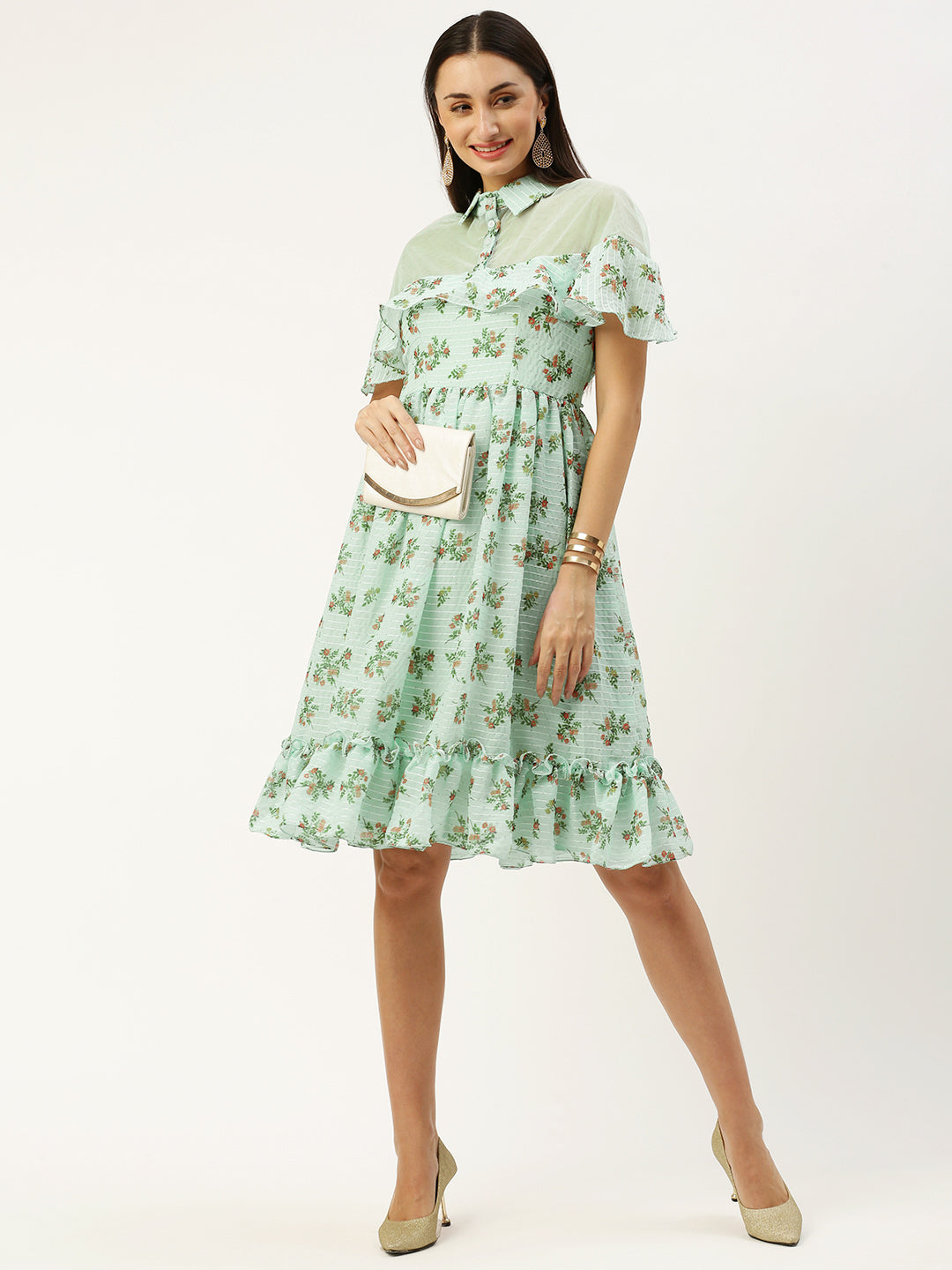 Bollywood Vogue Ready To Wear Mint Green Georgette Digital Printed Dress - Front View