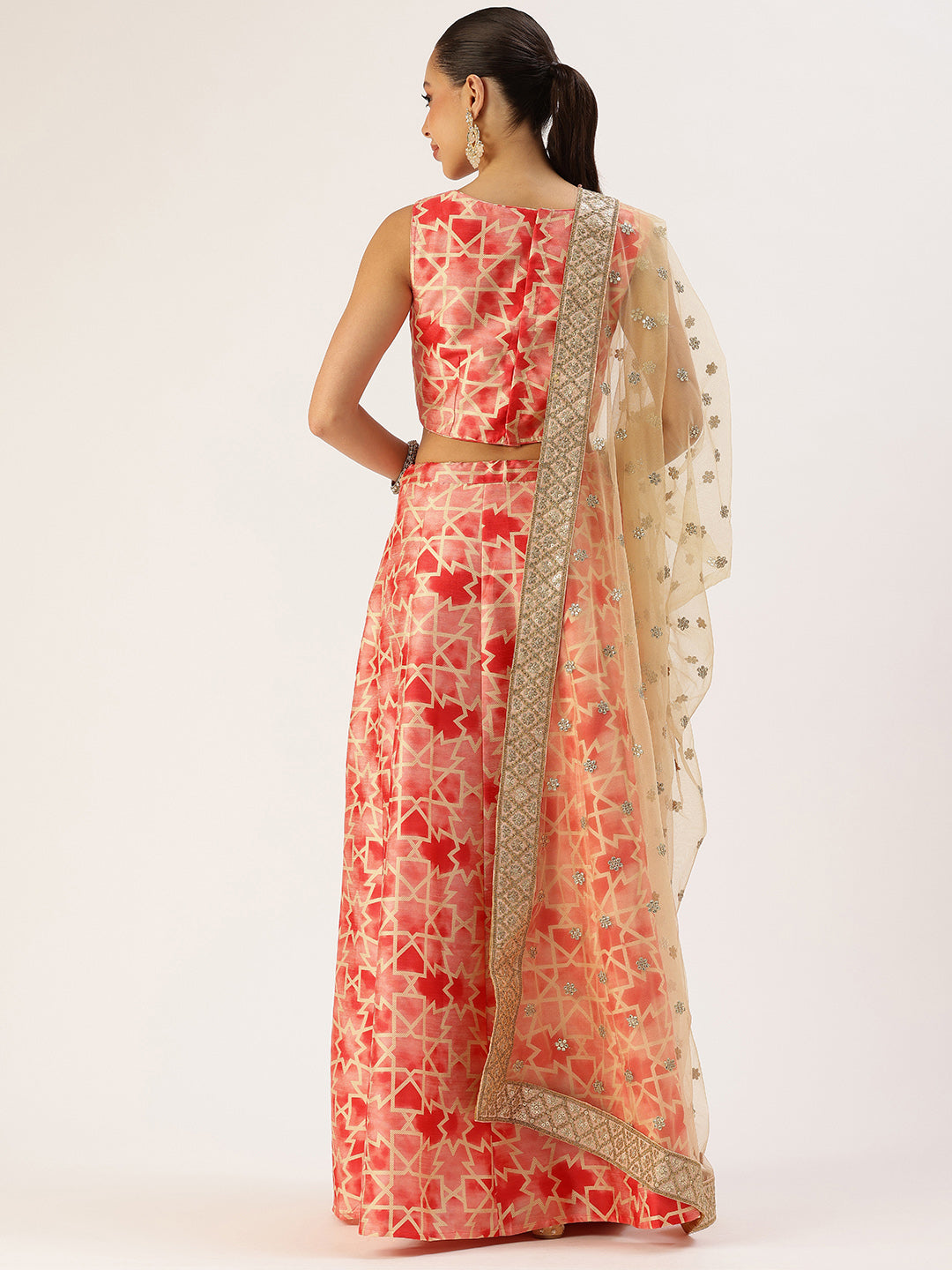 Bollywood Vogue Ready To Wear Red Cotton Printed Kali Style Lehenga Set - Back View