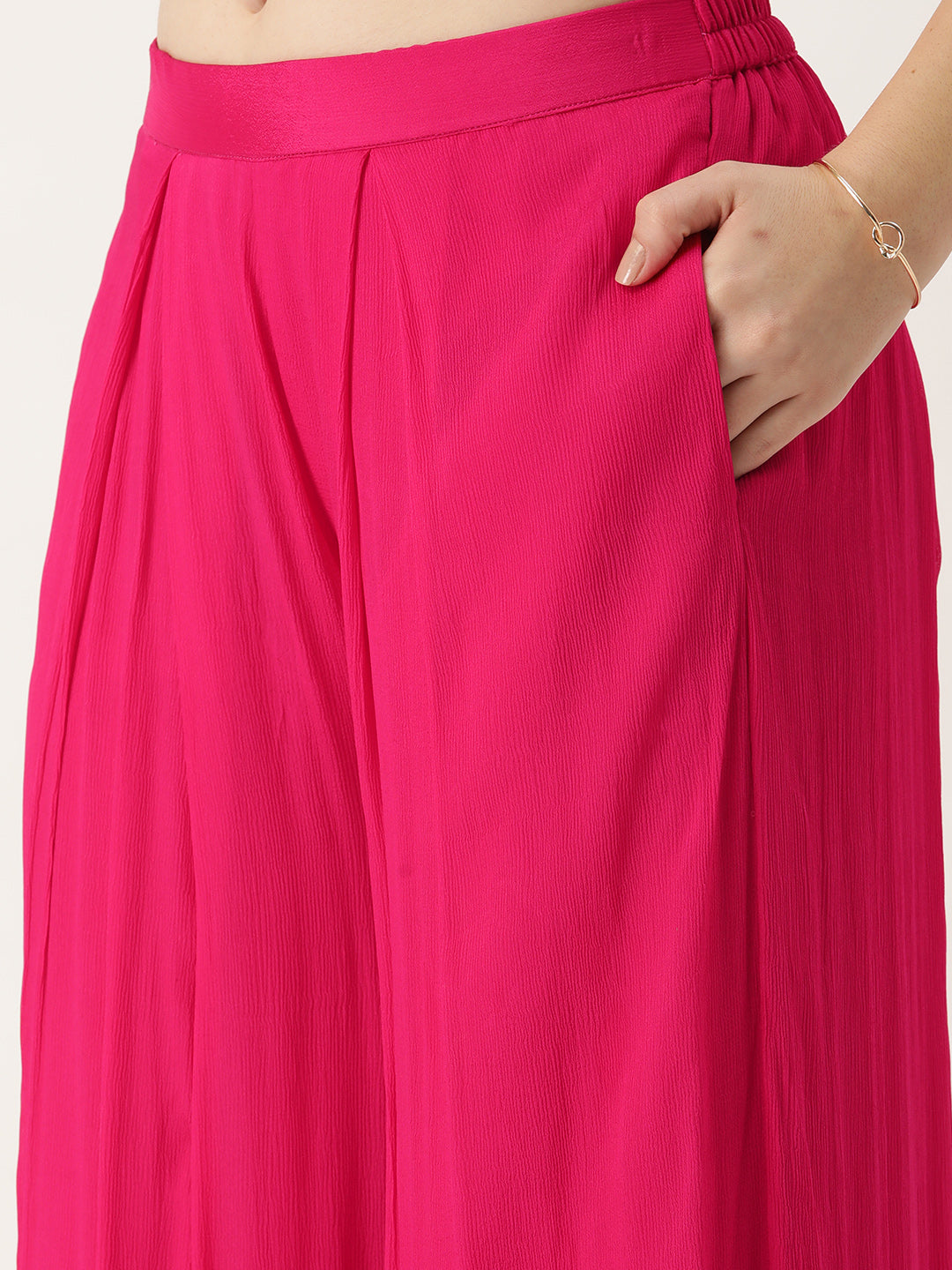 Bollywood Vogue Ready To Wear Cream N Pink Chinon Embroidered Top N Palazzo Set - Additional View 1