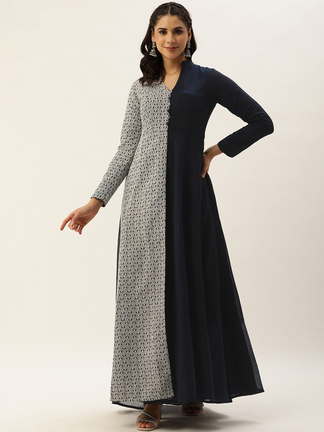 Bollywood Vogue Ready To Wear Blue Embroidered Art Silk Half N Half Gown - Front View