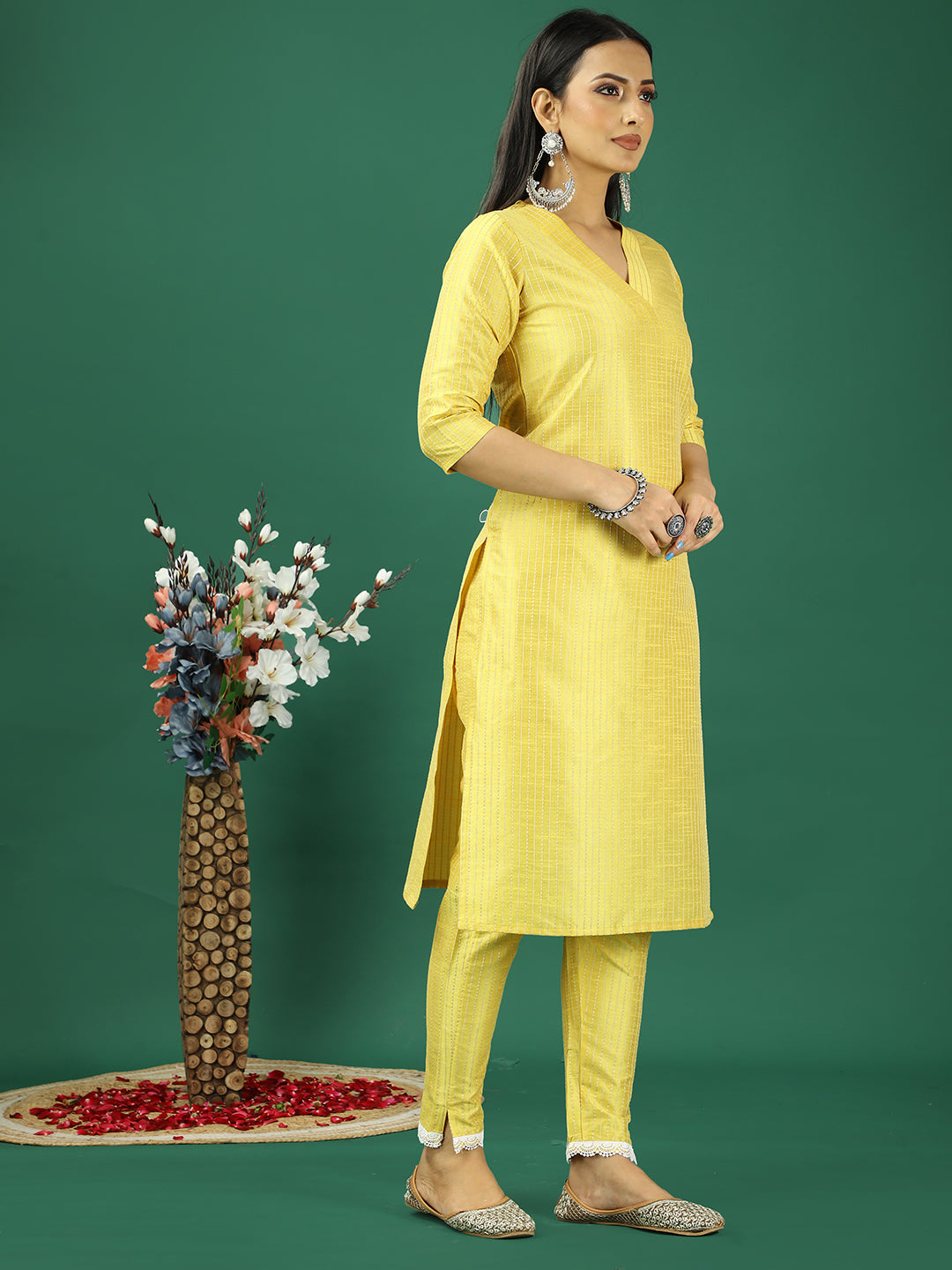 Bollywood Vogue Ready To Wear Yellow Art Silk Straight Pant Kurta Sets - Side View