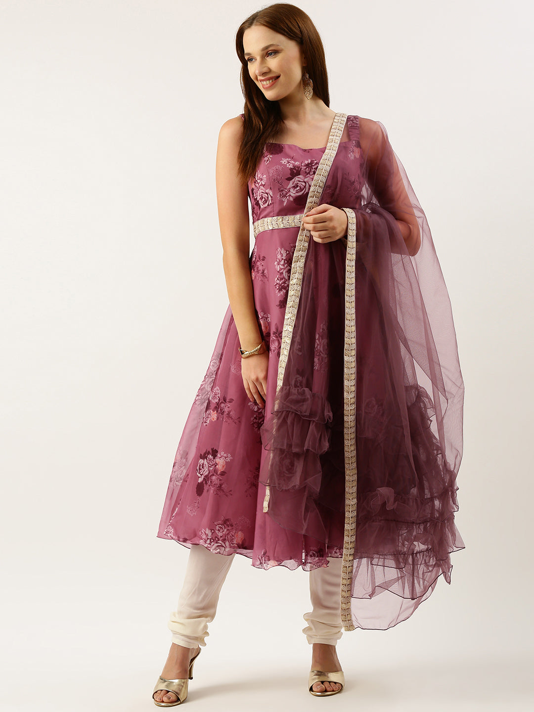 Bollywood Vogue Ready To Wear Mauve Digital Printed Organza Suit Set - Detail View