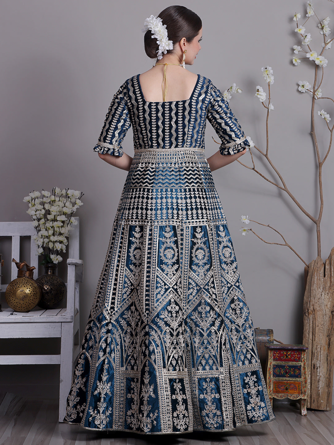 Bollywood Vogue Ready To Wear Classic Top With Teal Blue Velvet Anarkali Suit - Detail View