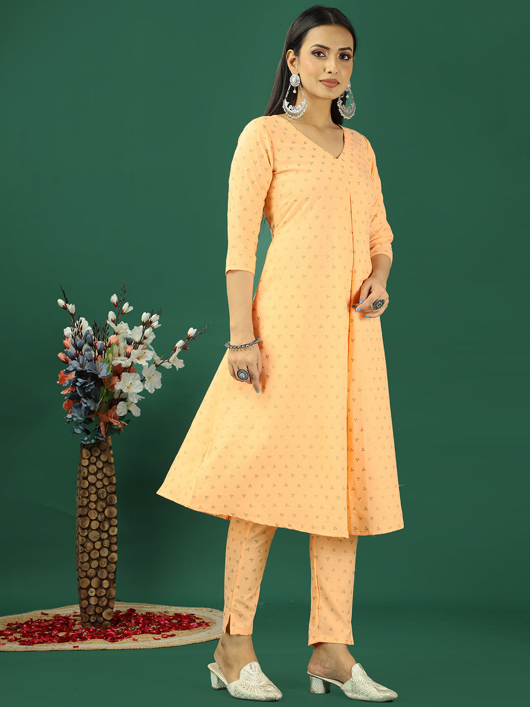 Bollywood Vogue Ready To Wear Peach Foil Printed Box Pleat Style Kurta Set - Additional View 1