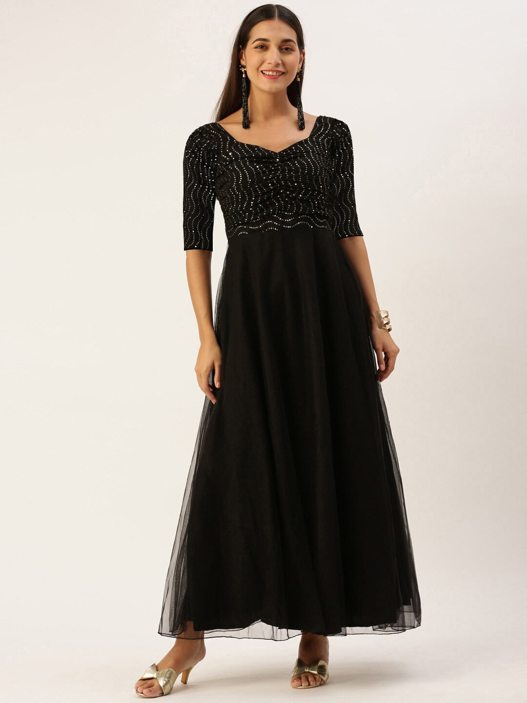 Bollywood Vogue Ready To Wear Black Georgette Embroidered N Net Dress - Front View