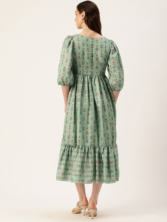 Bollywood Vogue Ready To Wear Green Art Silk Digital Print High N Low Dress - Back View
