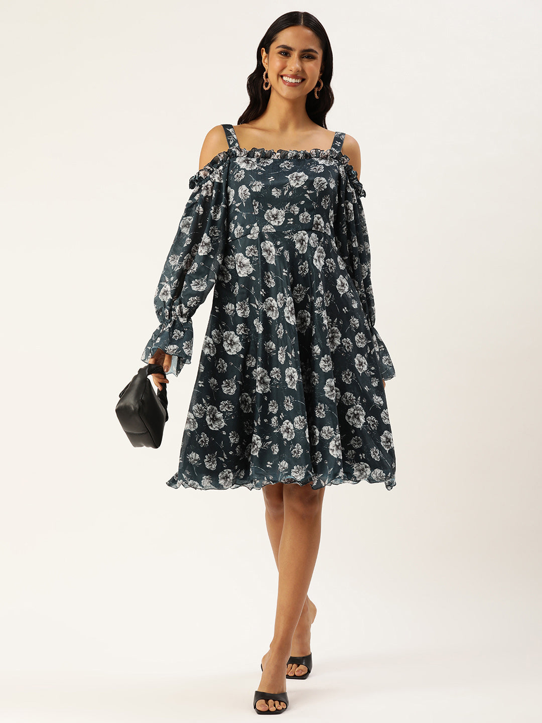 Bollywood Vogue Ready To Wear Blue Digital Printed Chinon Dress - Front View