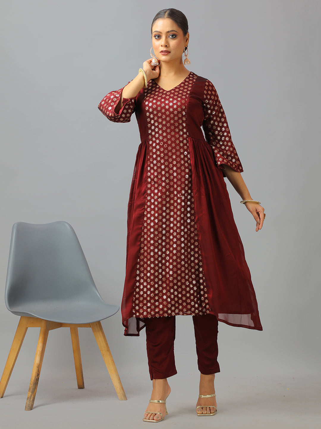Bollywood Vogue Ready To Wear Dark Brown Silk Embroidered Straight Pant Suit - Detail View