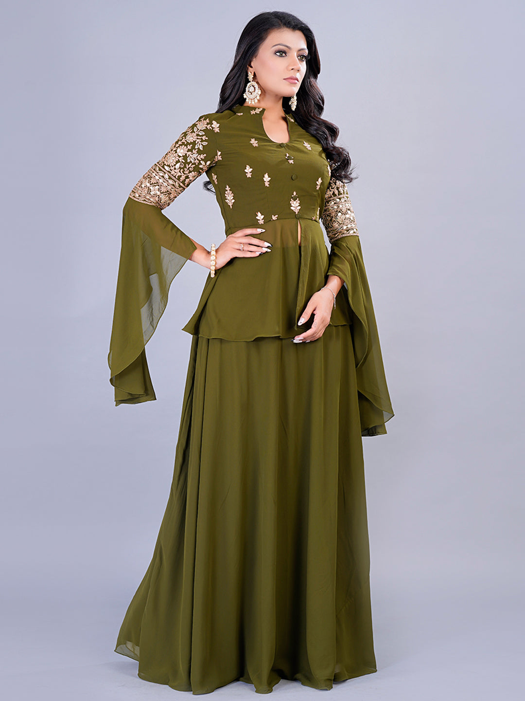 Bollywood Vogue Ready To Wear Green Embroidered Georgette Skirt Set - Side View
