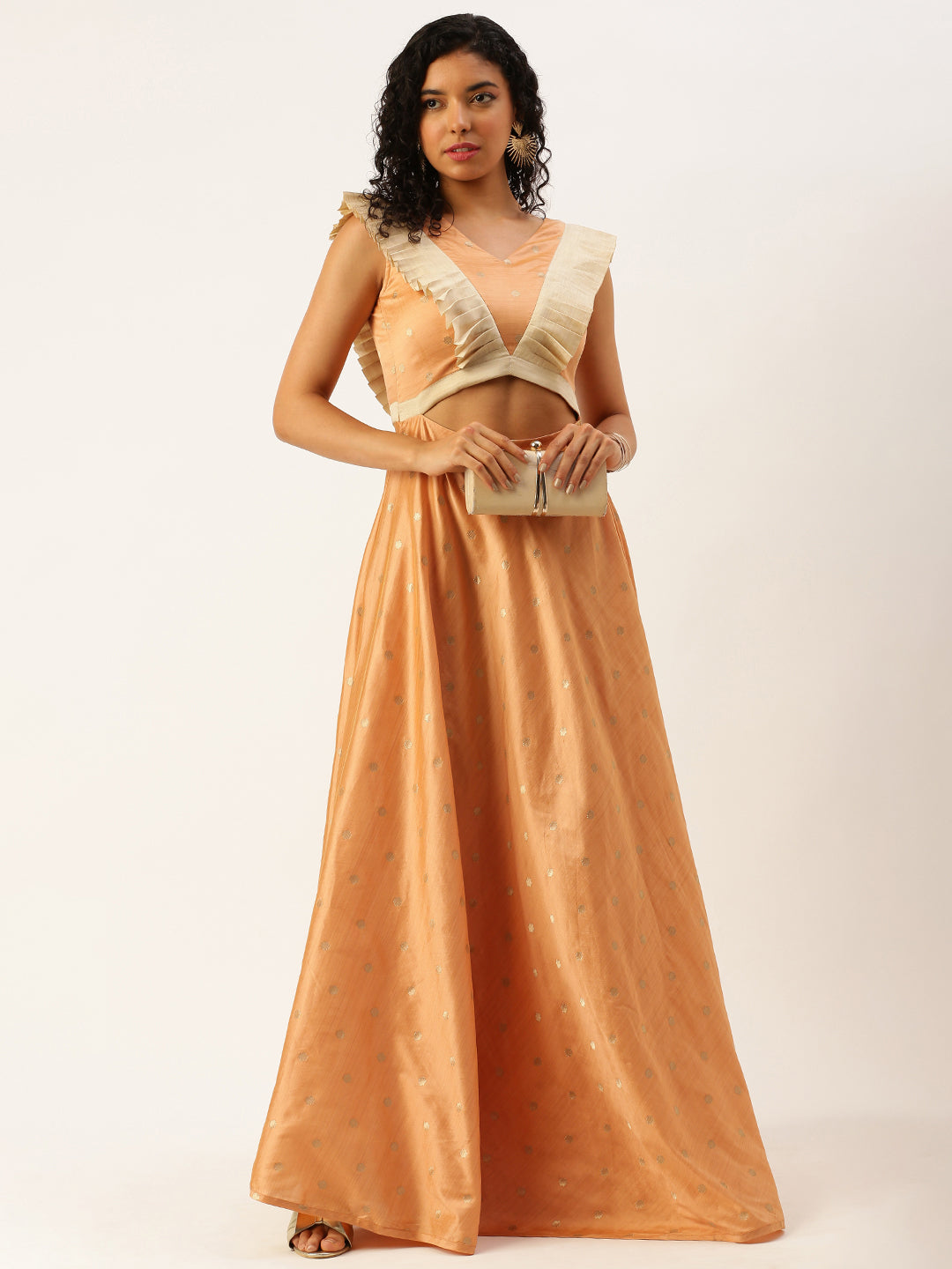 Bollywood Vogue Ready To Wear Peach Art Silk Jacquard Ruffled Dress - Front View