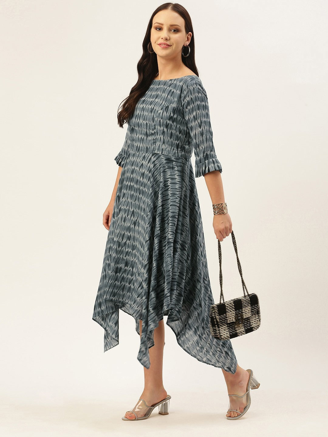 Bollywood Vogue Ready To Wear Grey N Black Muslin Handkerchief Style Dress - Detail View