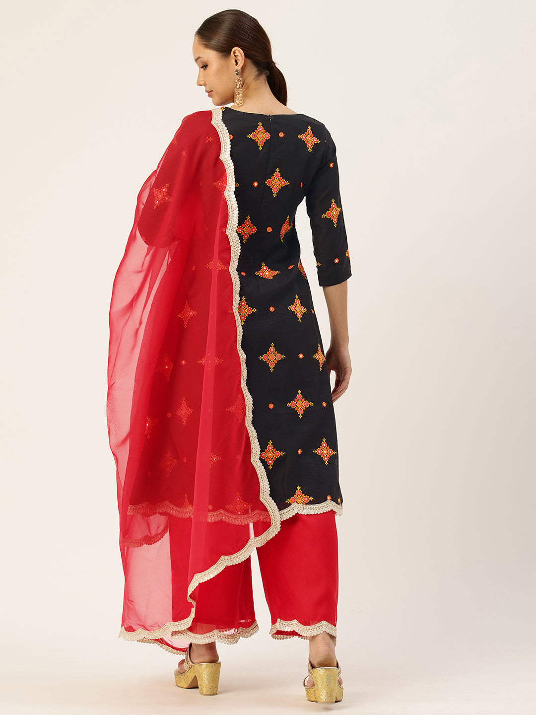 Bollywood Vogue Ready To Wear Black Embroidered Cotton Wide Leg Pant Suit - Additional View 2