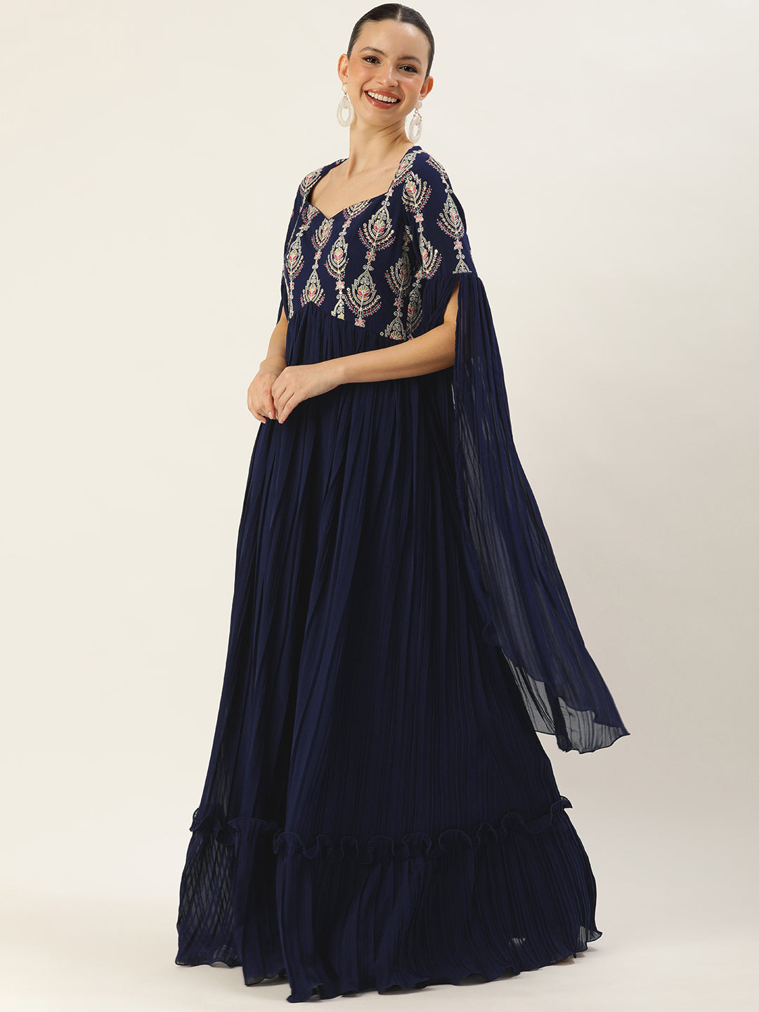 Bollywood Vogue Ready To Wear Navy Blue Embroidered Pleated Georgette Gown - Side View