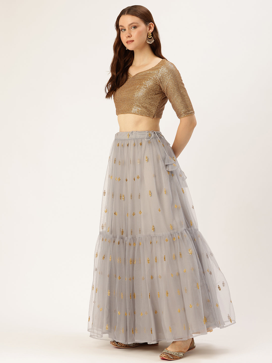 Bollywood Vogue Ready To Wear Gold Sequin Blouse N Grey Embroidered Net Lehenga Set - Side View