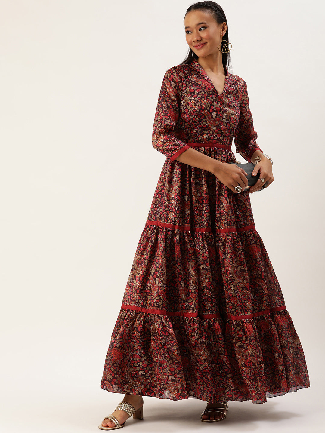 Bollywood Vogue Ready To Wear Multicolor Printed Tiered Gathered Style Gown - Front View