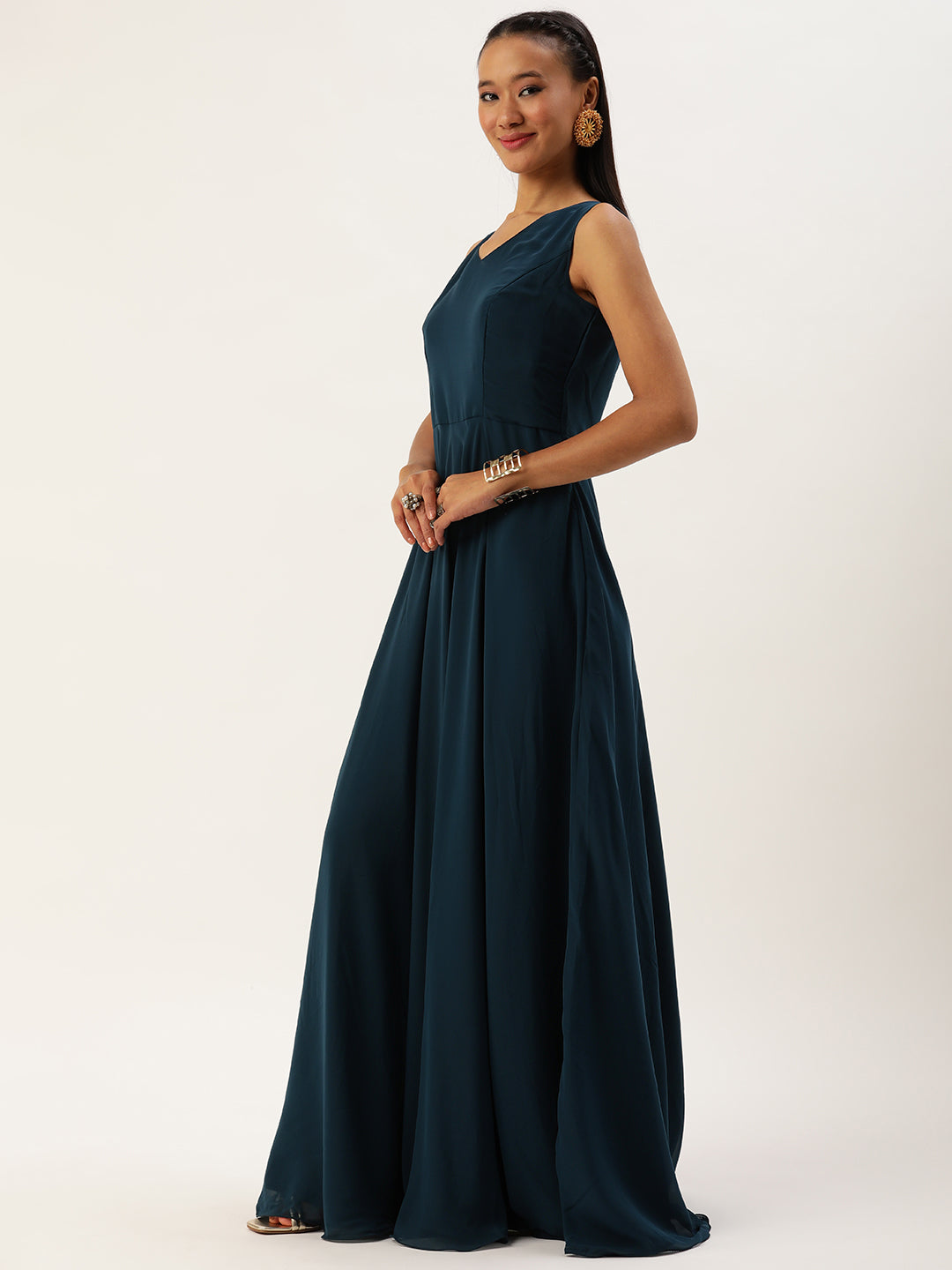 Bollywood Vogue Ready To Wear Multicolored Organza Jacket N Teal Blue Dress - Side View