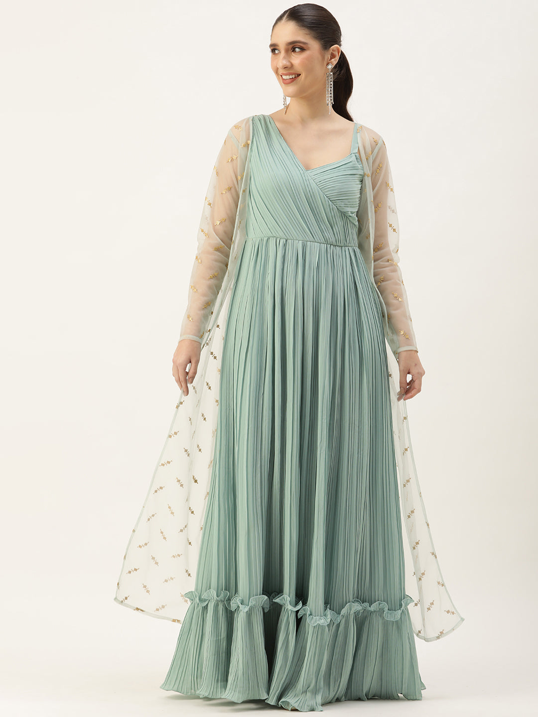 Bollywood Vogue Ready To Wear Green Pleated Georgette Gown N Embroidered Jacket - Front View
