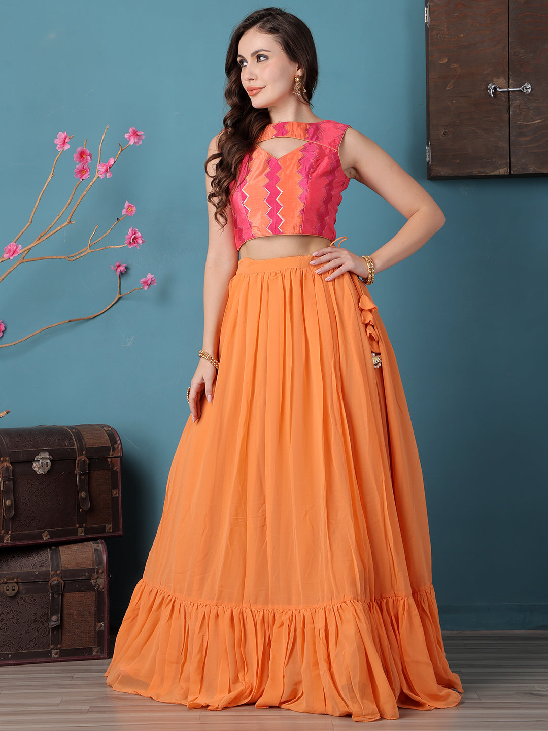 Bollywood Vogue Ready To Wear Pink N Multicolor Chinon Tiered Lehenga - Side View