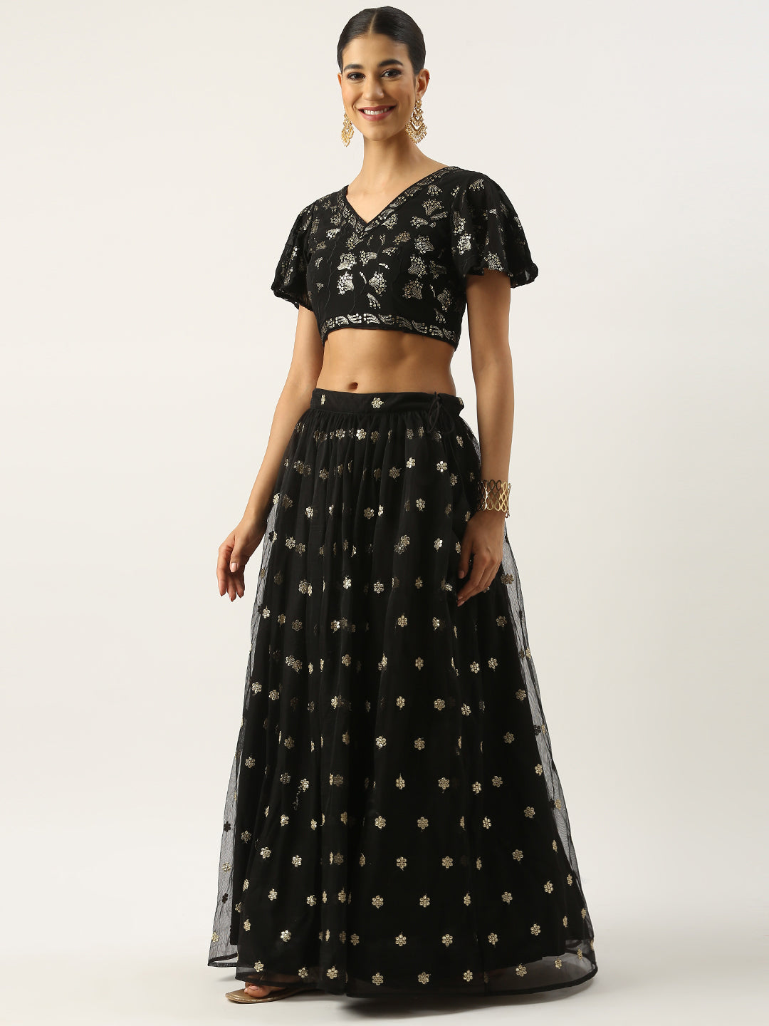 Bollywood Vogue Ready To Wear Black Georgette Embroidered Sequins Lehenga Set - Side View