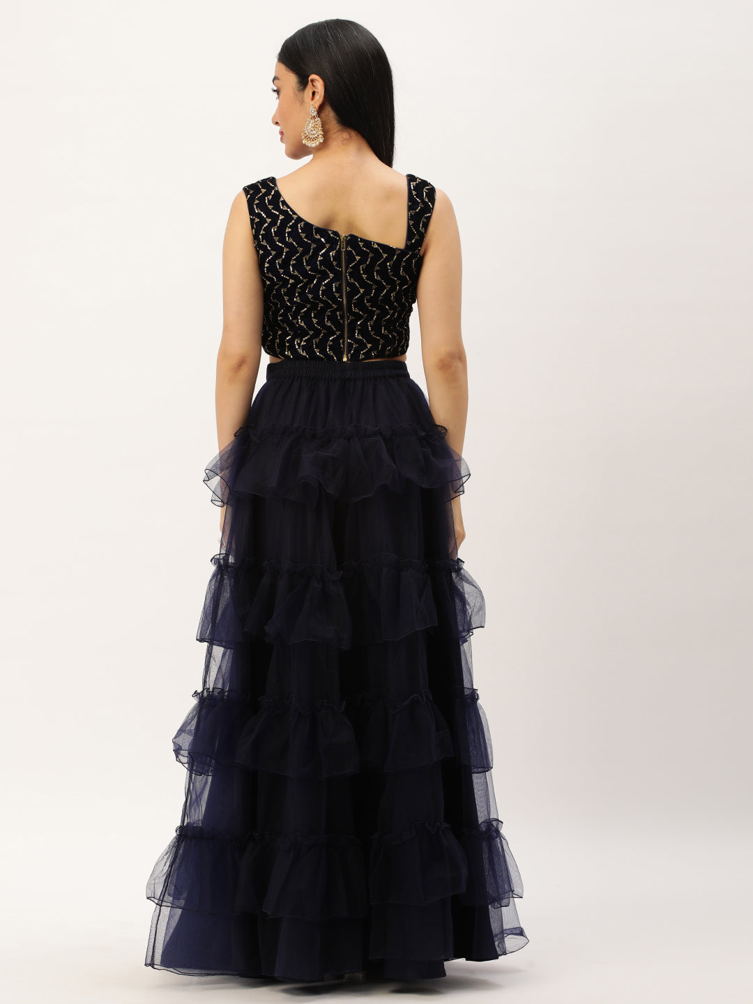 Bollywood Vogue Ready To Wear Blue Velvet Embroidered Crop Top N Blue Skirt Set - Side View