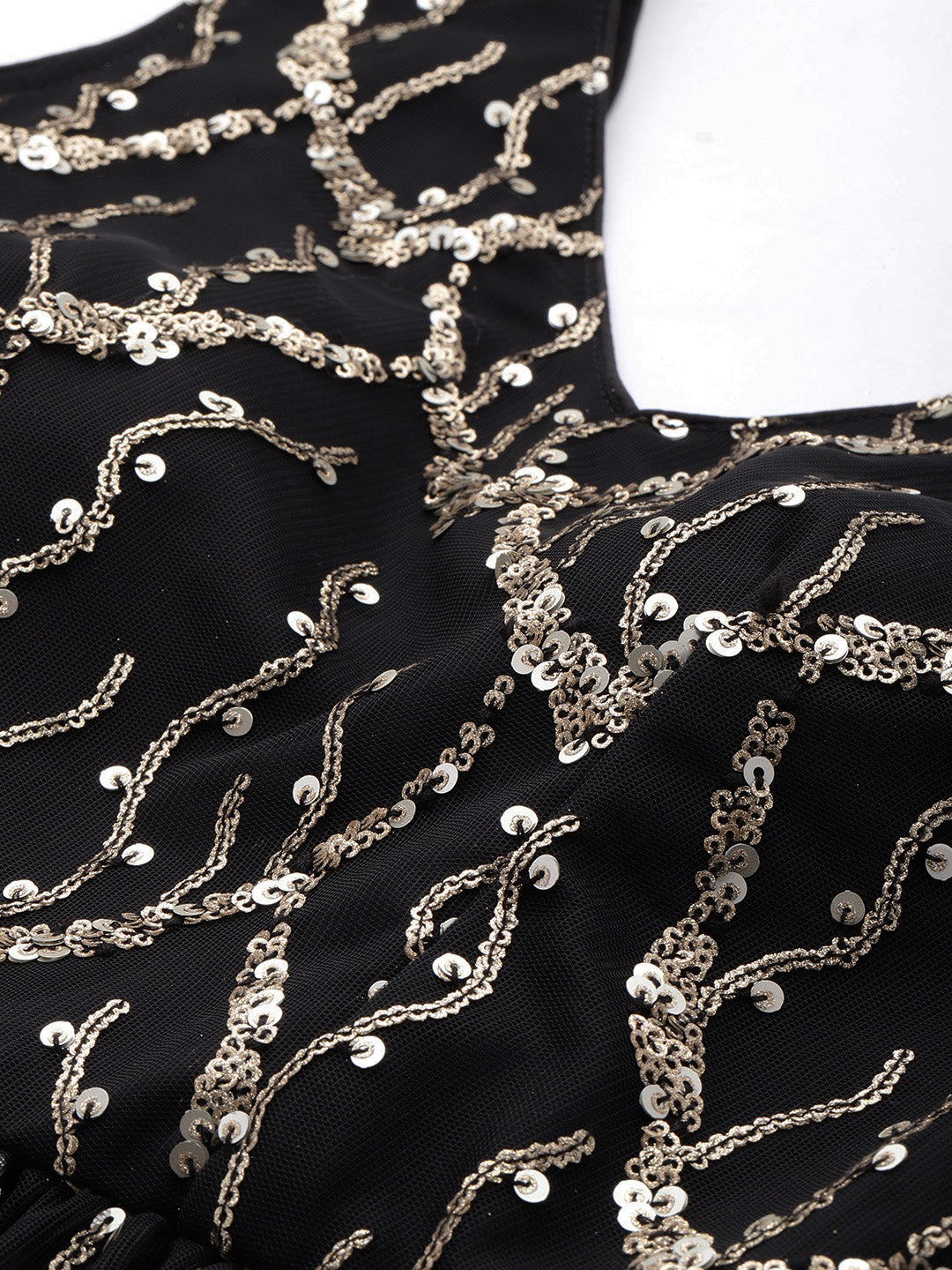 Bollywood Vogue Ready To Wear Black Net Embroidered V Neck Gown - Additional View 1