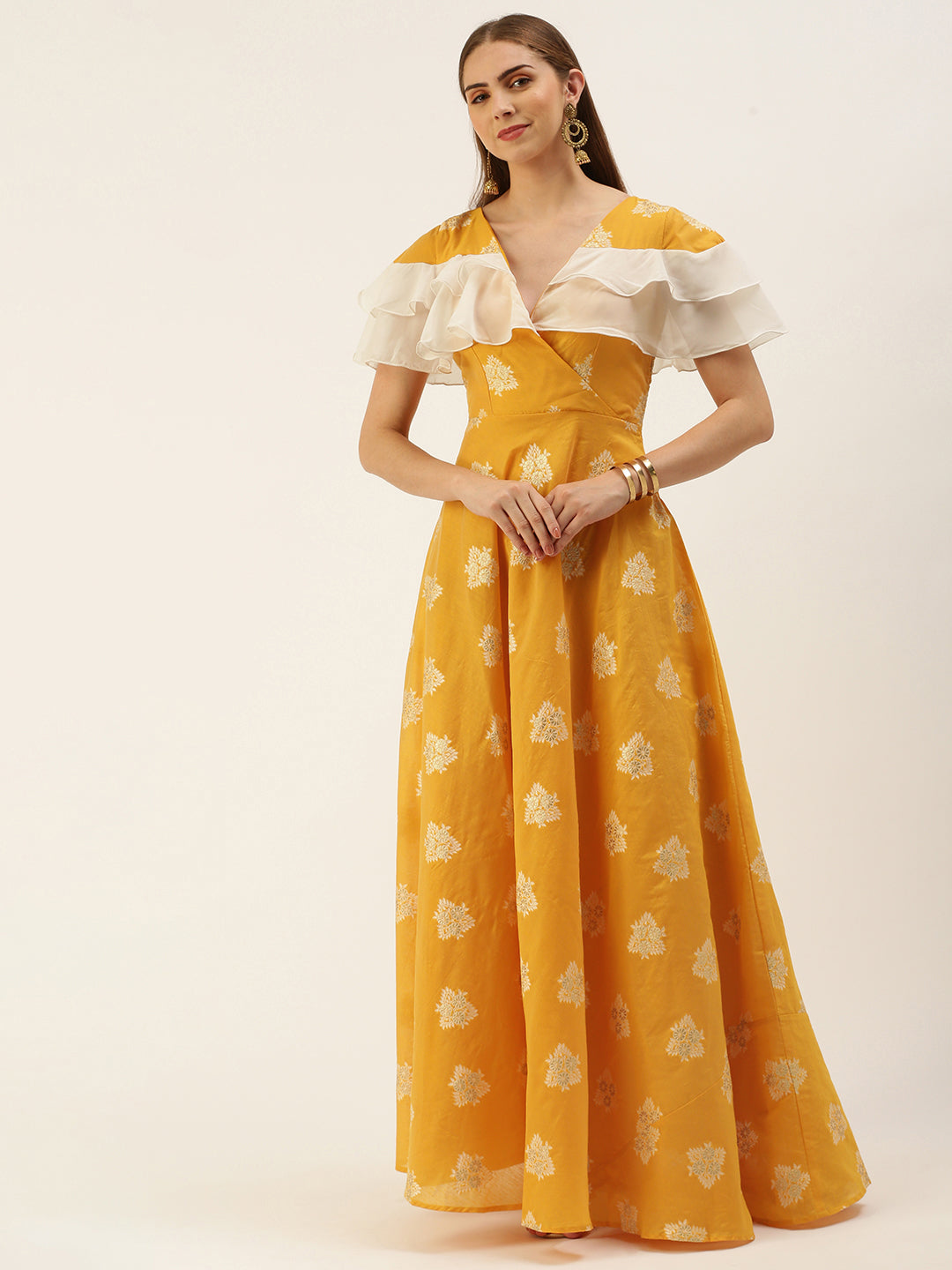 Bollywood Vogue Ready To Wear Mustard Art Silk Ruffled Dress - Side View