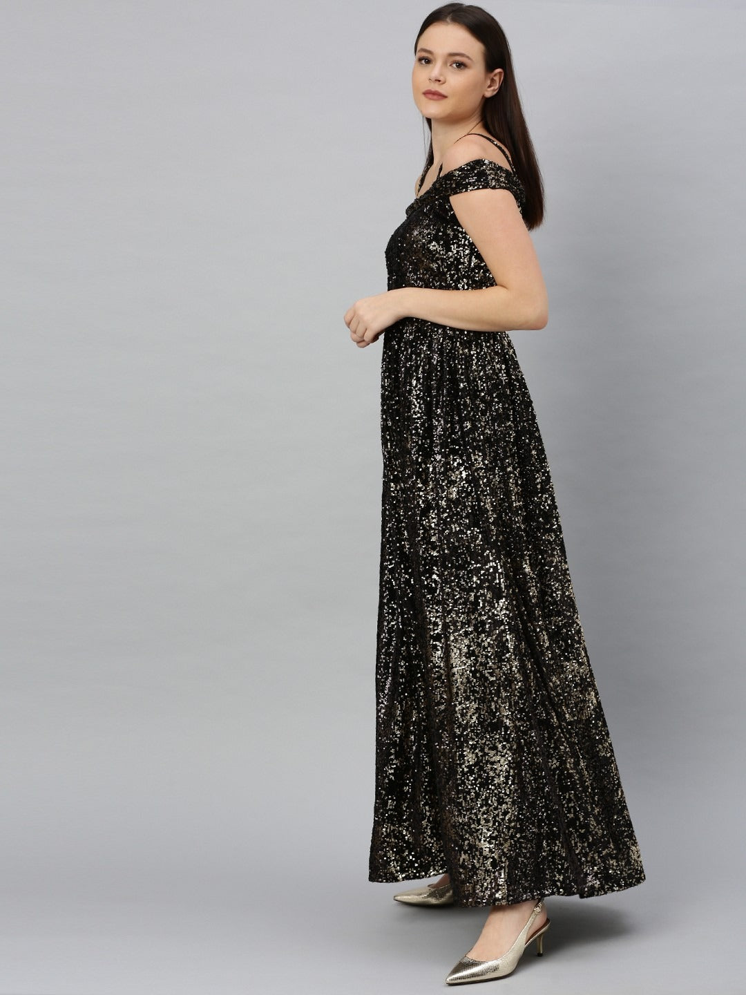 Bollywood Vogue Ready To Wear Black Sequins Strap Neck Gown - Side View