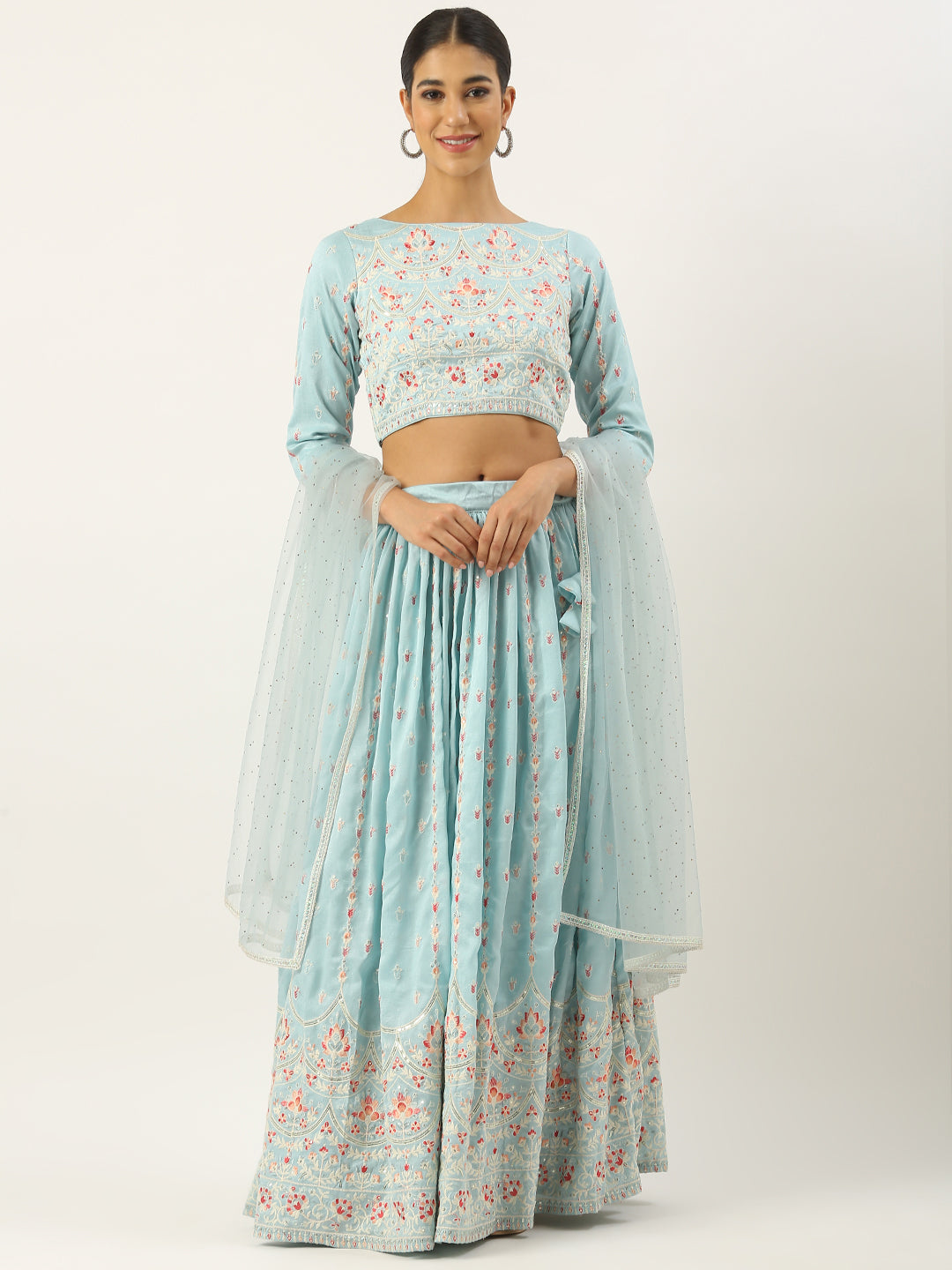 Bollywood Vogue Ready To Wear Blue Art Silk Embroidered Lehenga Set - Front View