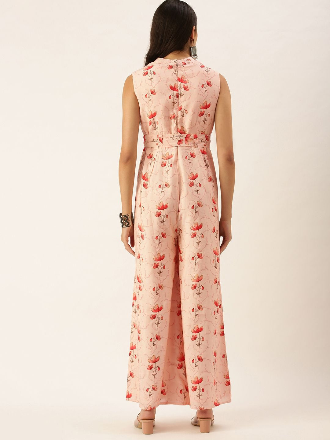 Bollywood Vogue Ready To Wear Off White Chanderi Modal Satin Collar Neck Jumpsuit - Back View