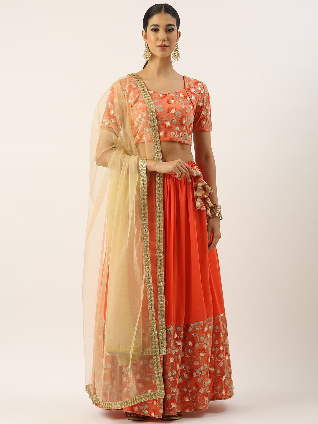 Bollywood Vogue Ready To Wear Beige N Orange Embroidered Net Lehenga Set - Front View