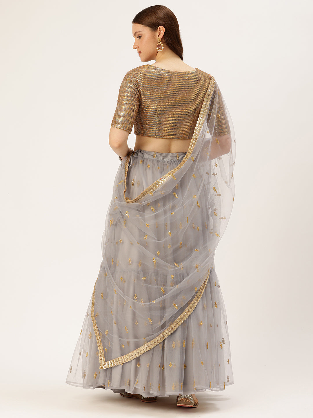 Bollywood Vogue Ready To Wear Gold Sequin Blouse N Grey Embroidered Net Lehenga Set - Back View