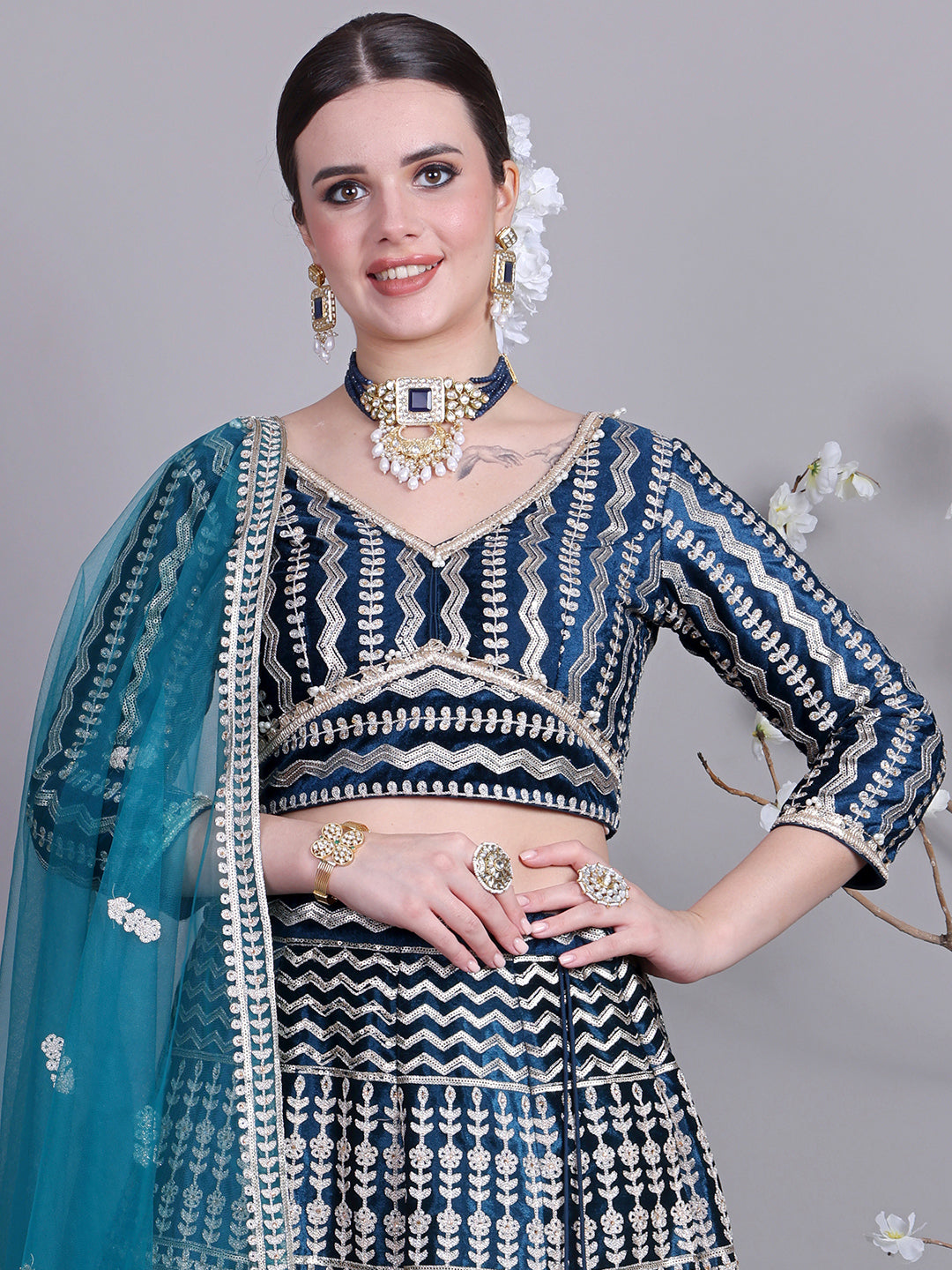 Bollywood Vogue Ready To Wear Classic Blouse With Teal Blue Velvet Lehenga - Look Shot