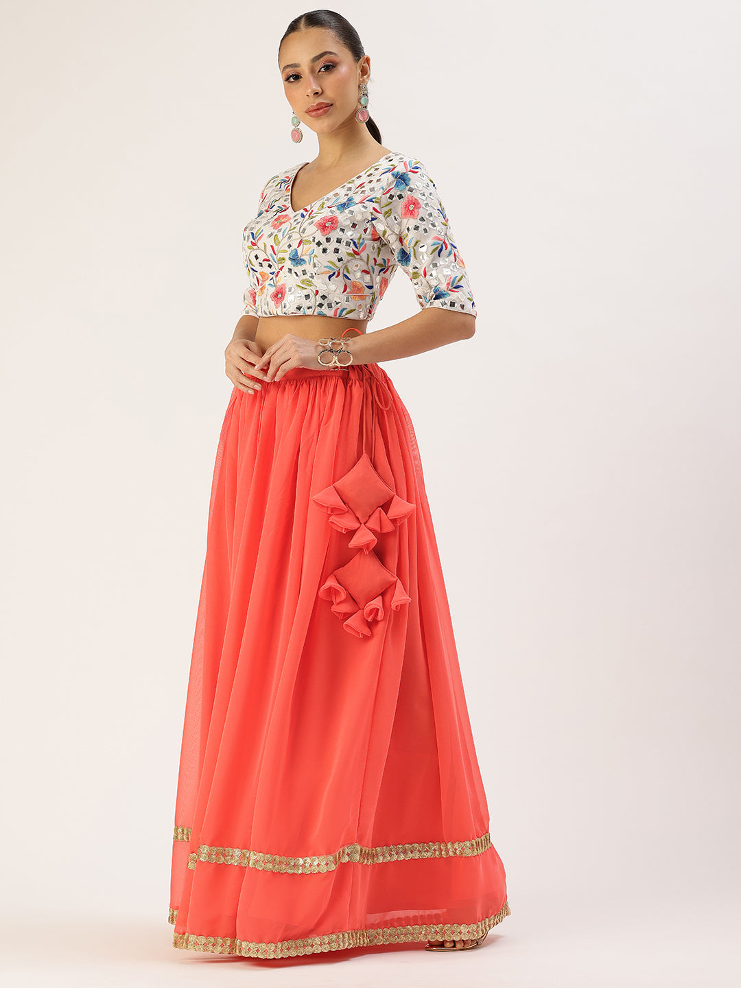 Bollywood Vogue Ready To Wear Multicolored Embroidered Gather Style Lehenga Set - Side View
