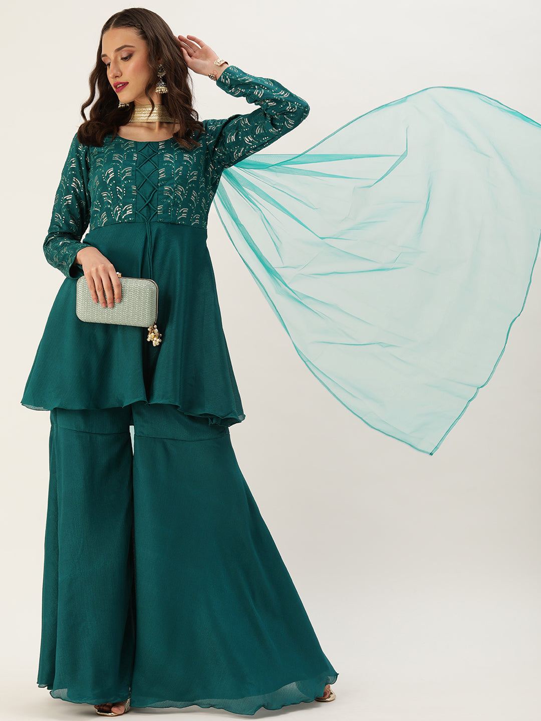 Bollywood Vogue Ready To Wear Teal Green Embroidered Gharara Set - Front View