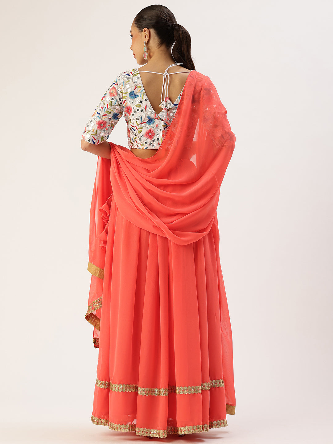 Bollywood Vogue Ready To Wear Multicolored Embroidered Gather Style Lehenga Set - Back View