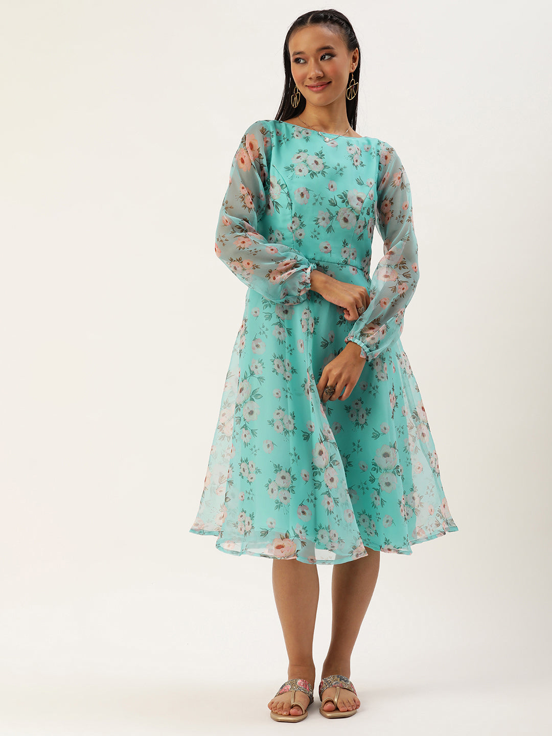 Bollywood Vogue Ready To Wear Blue Digital Printed Organza Dress - Front View