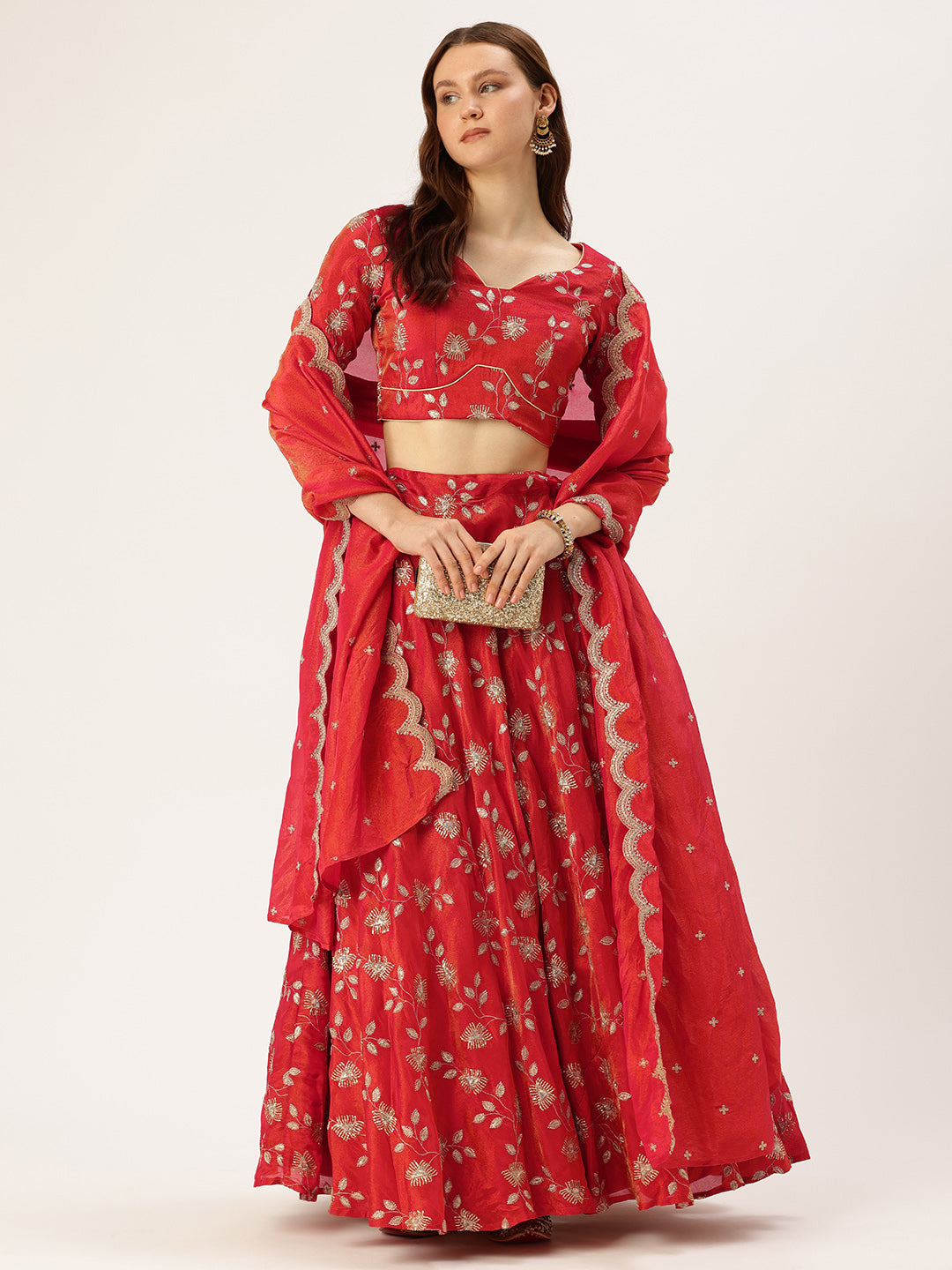 Bollywood Vogue Ready To Wear Classic Blouse N Red Viscose Embroidered Lehenga Set - Detail View