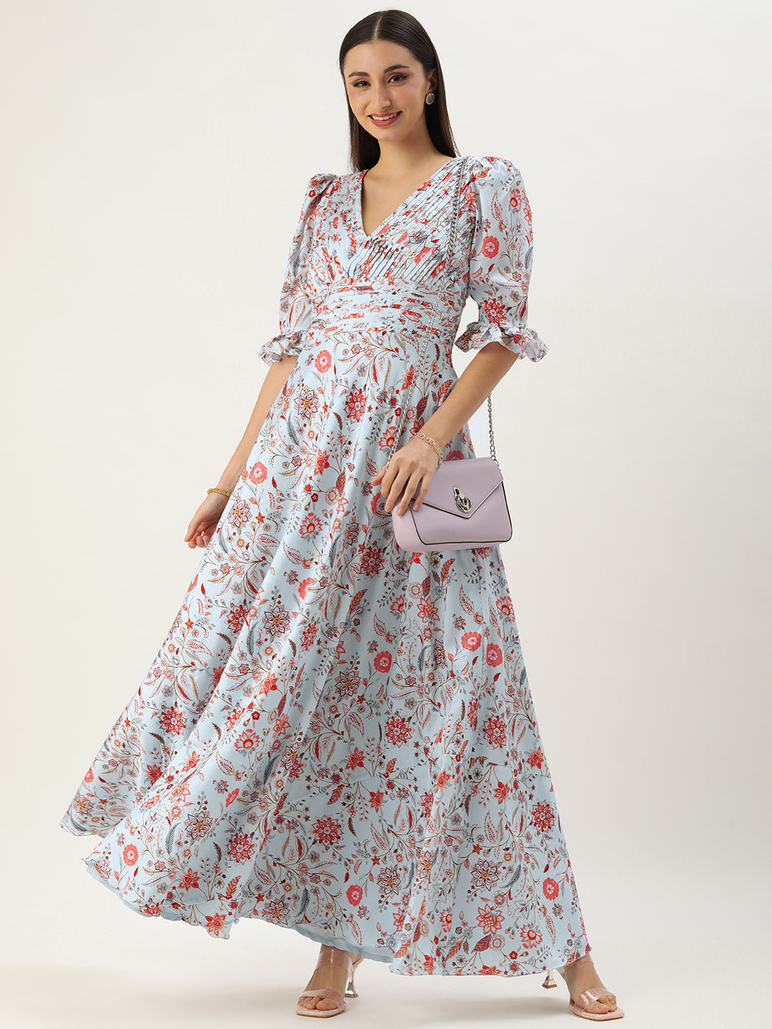 Bollywood Vogue Ready To Wear Pale Blue Lily Art Silk Printed Gown - Front View