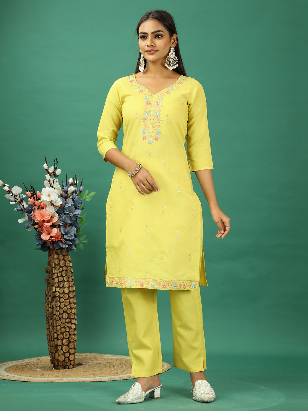 Bollywood Vogue Ready To Wear Yellow Rayon Embroidered Straight Pant Suit - Side View