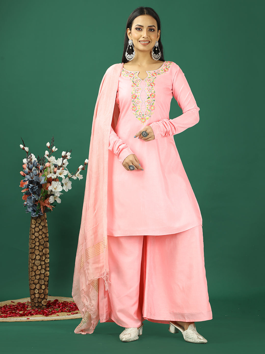 Bollywood Vogue Ready To Wear Pink Art Silk Embroidered Straight Pant Suit - Side View