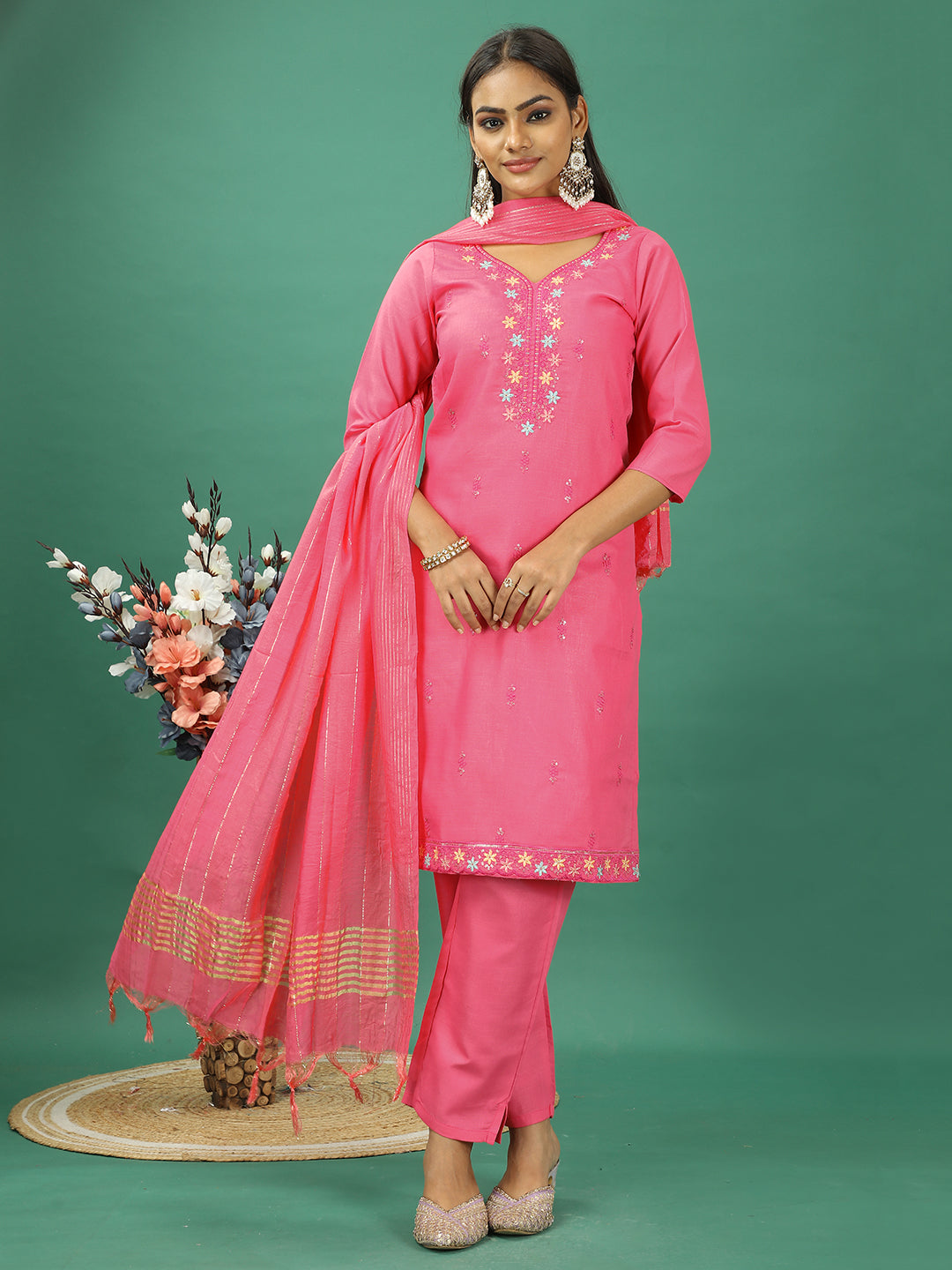 Bollywood Vogue Ready To Wear Pink Rayon Embroidered Straight Pant Suit - Front View