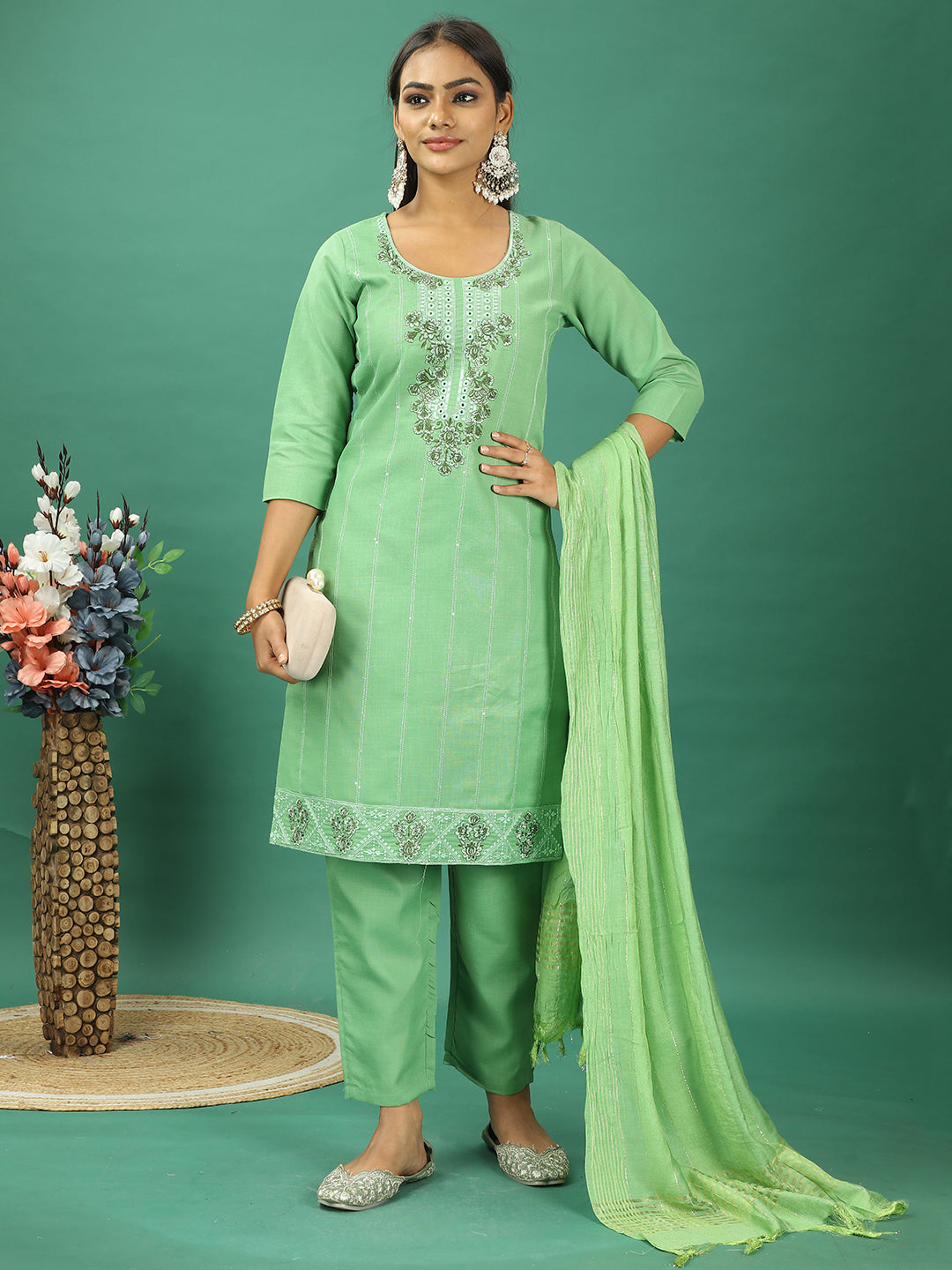 Bollywood Vogue Ready To Wear Green Rayon Embroidered Straight Pant Suit - Front View