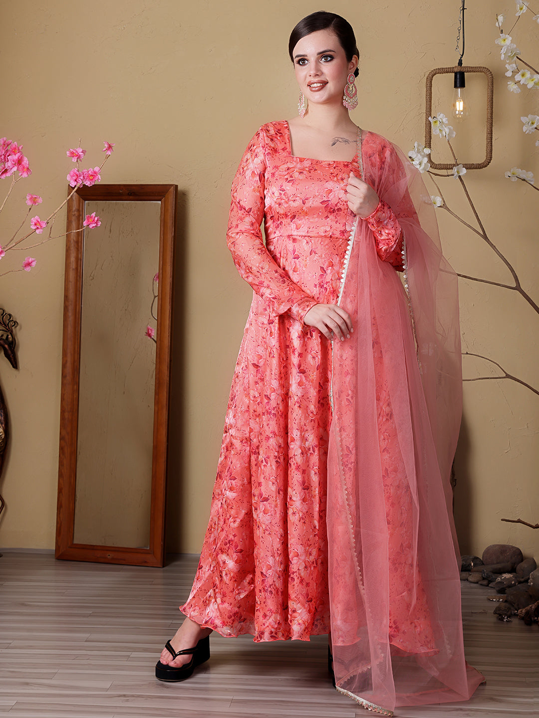 Bollywood Vogue Ready To Wear Peach Organza Satin Printed Anarkali Suit - Front View