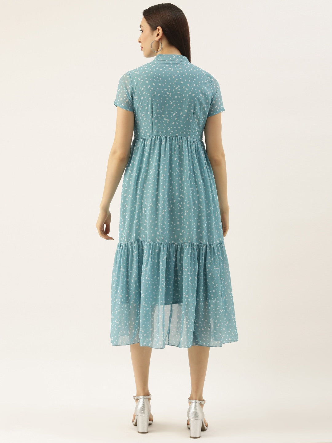 Bollywood Vogue Ready To Wear Blue N White Digital Printed High N Low Dress - Back View