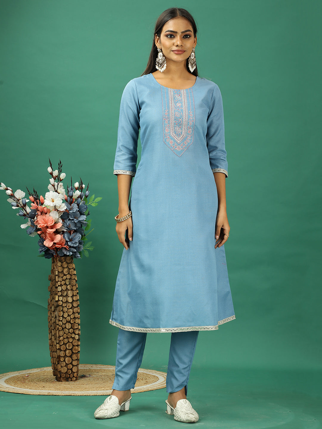 Bollywood Vogue Ready To Wear Blue Rayon Embroidered Narrow Straight Pant Suit - Side View
