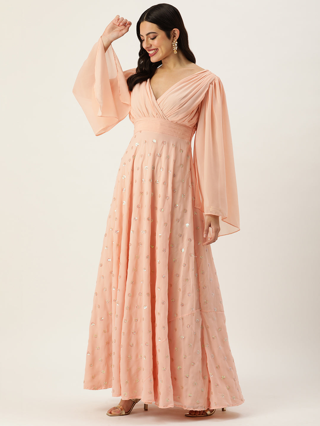 Bollywood Vogue Ready To Wear Peach Embroidered Georgette Overlapped Gown - Detail View