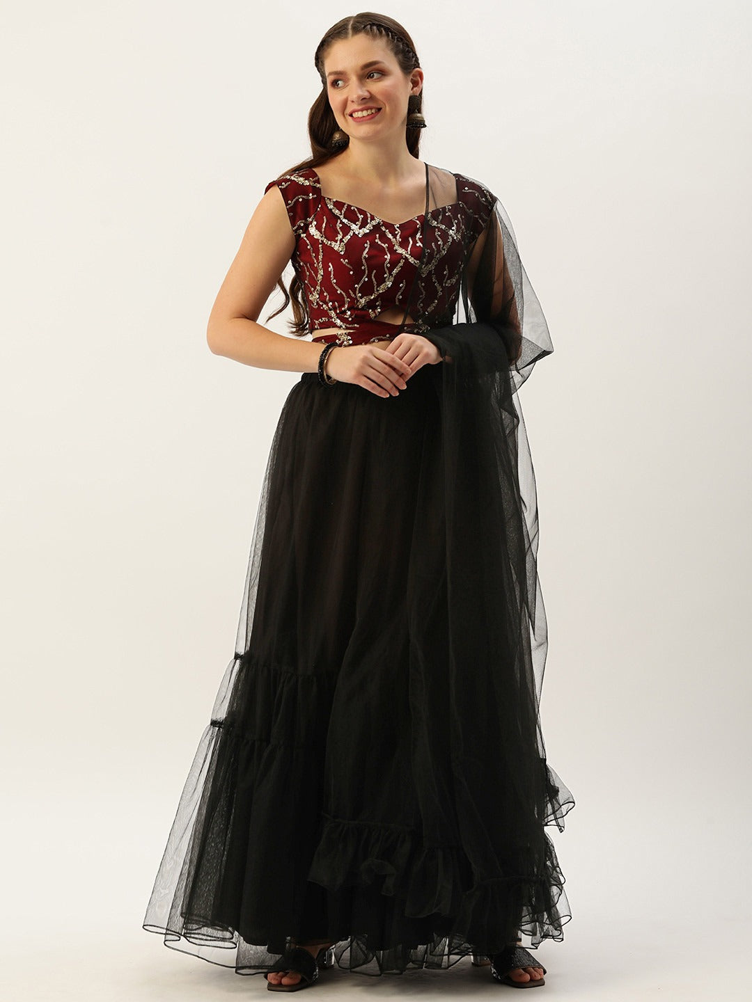 Bollywood Vogue Ready To Wear Maroon N Black Sweetheart Neck Umbrella Lehenga - Front View