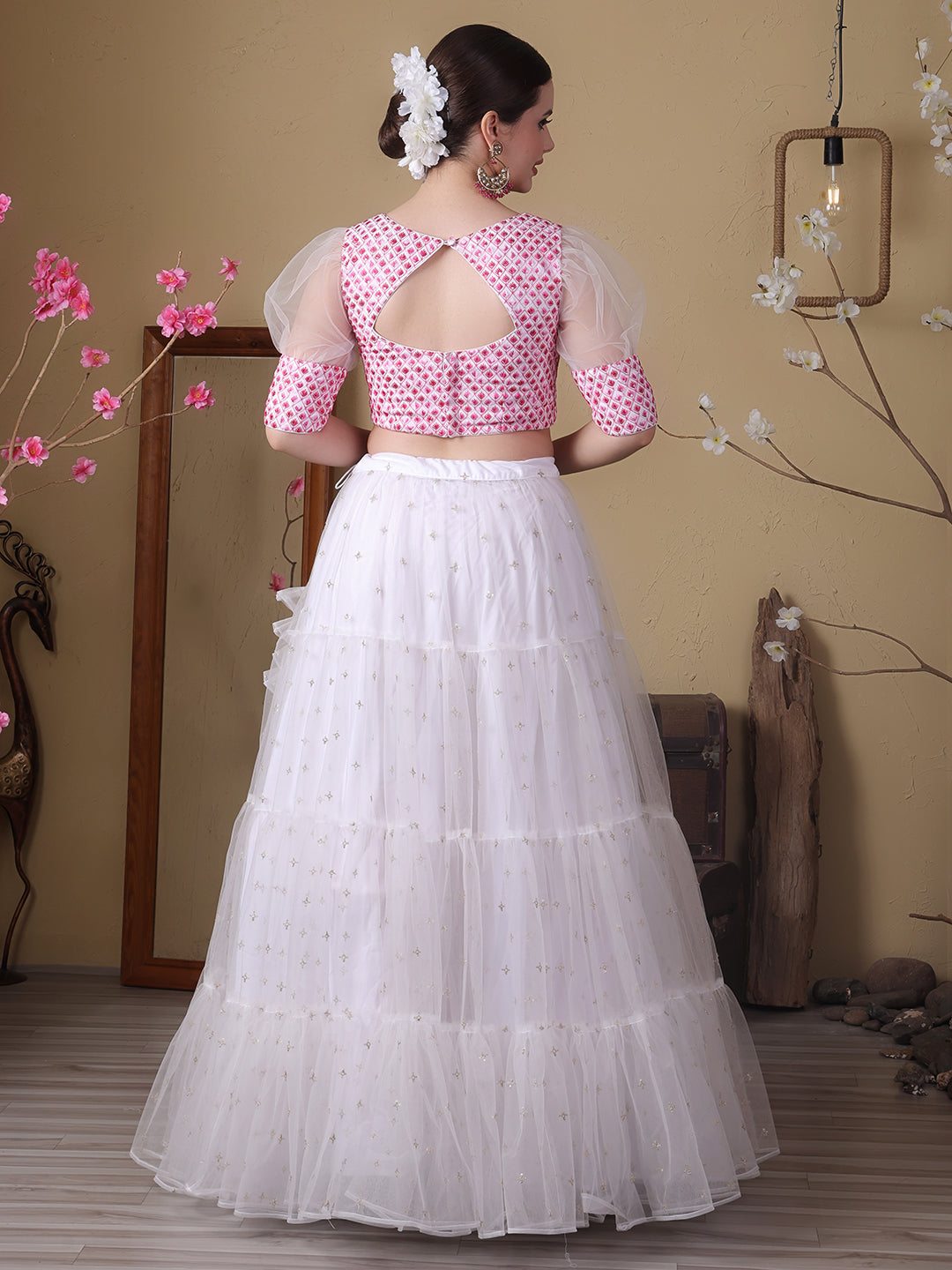 Bollywood Vogue Ready To Wear Off White Embroidered Georgette N Net Lehenga Set - Detail View