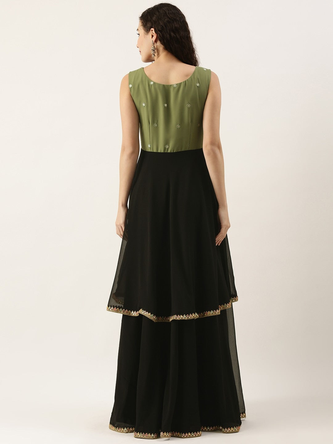 Bollywood Vogue Ready To Wear Black N Green Embroidered Layered Gown - Back View